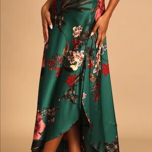 Emerald Green Floral Print Satin Maxi Skirt